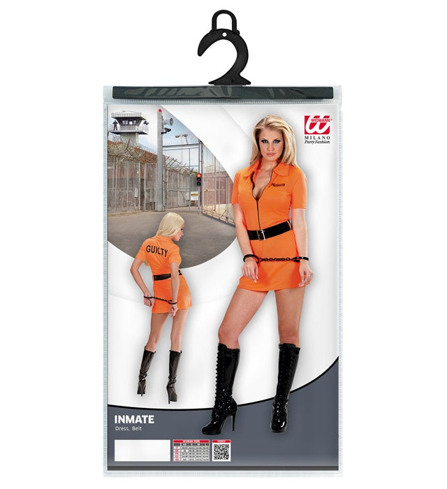Gefangenen-Kostüm mit schwarz-weiß gestreiftem Kleid und Gürtel
