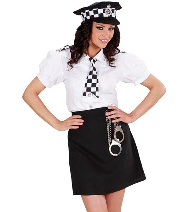 Englische Polizistin Kostüm mit Bluse, Rock, Krawatte, Hut und Handschellen
