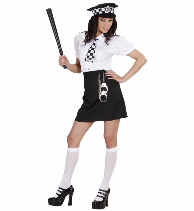 Englische Polizistin Kostüm mit Bluse, Rock, Krawatte, Hut und Handschellen