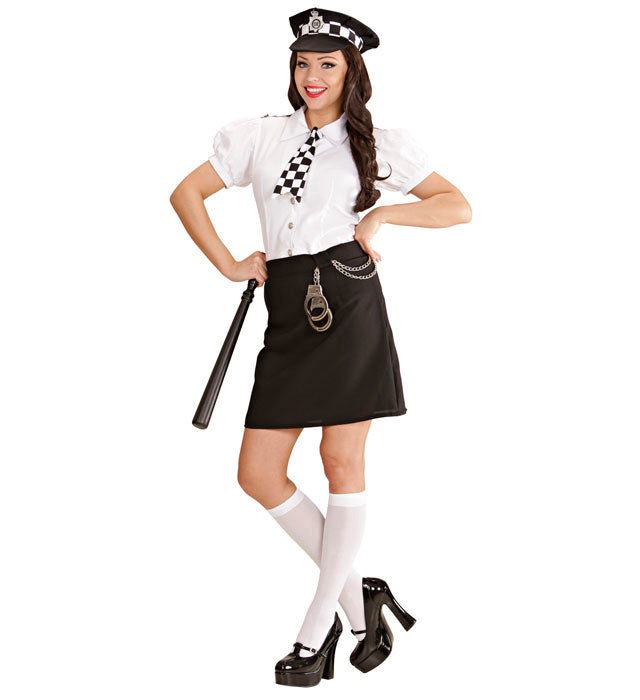 Englische Polizistin Kostüm mit Bluse, Rock, Krawatte, Hut und Handschellen