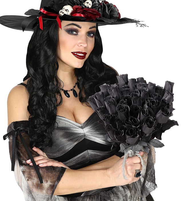 Schwarze künstliche Rosen 44 cm im 48er Display für Halloween Dekoration