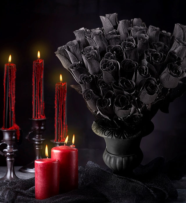 Schwarze künstliche Rosen 44 cm im 48er Display für Halloween Dekoration