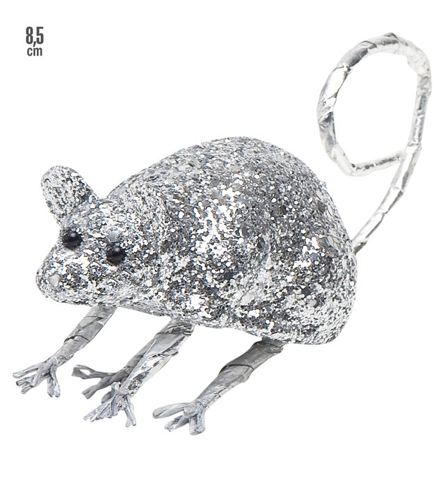 Silberne Maus Dekofigur 8,5 cm auf weissem Hintergrund