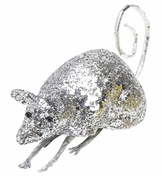 Silberne Maus Dekofigur 12 cm mit glänzender Oberfläche