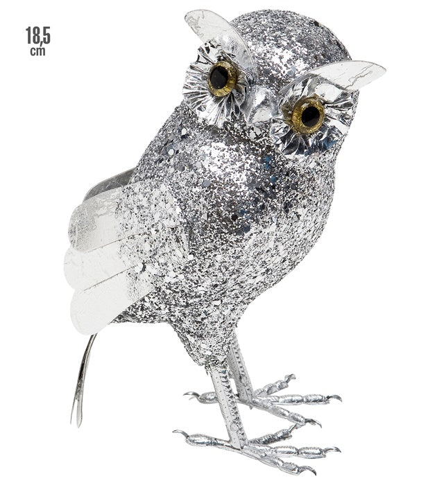 Silberne Eule Tierfigur 18,5 cm für Fasnacht Dekoration