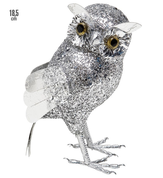 Silberne Eule Tierfigur 18,5 cm für Fasnacht Dekoration