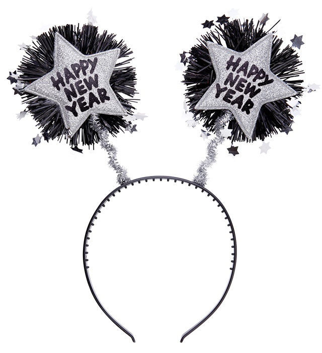 Silberner Haarreif mit Happy New Year Schriftzug auf schwarzem Hintergrund