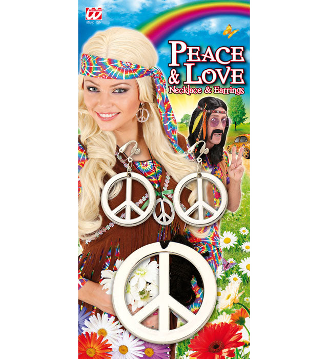 Hippie-Set mit Peace-Kette und passenden Ohrringen in bunten Farben