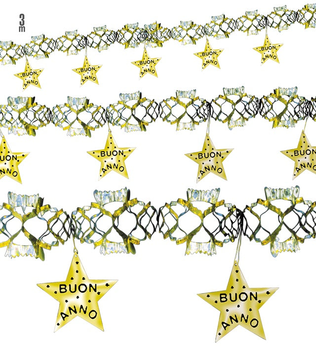 Holografische goldene Girlande mit Schriftzug Buon Anno, 3 Meter lang