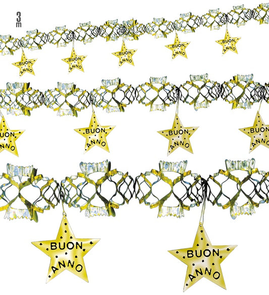 Holografische goldene Girlande mit Schriftzug Buon Anno, 3 Meter lang