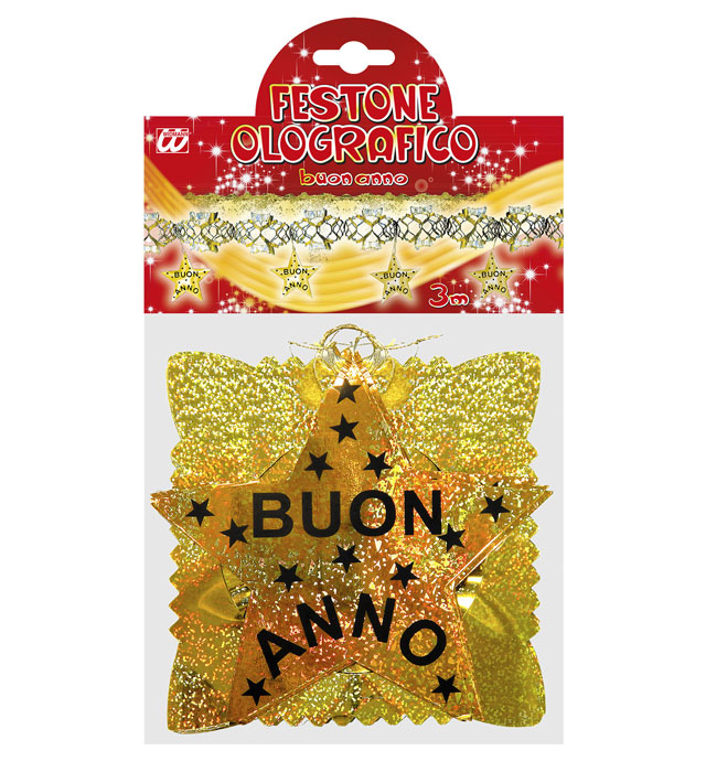 Holografische goldene Girlande mit Schriftzug Buon Anno, 3 Meter lang