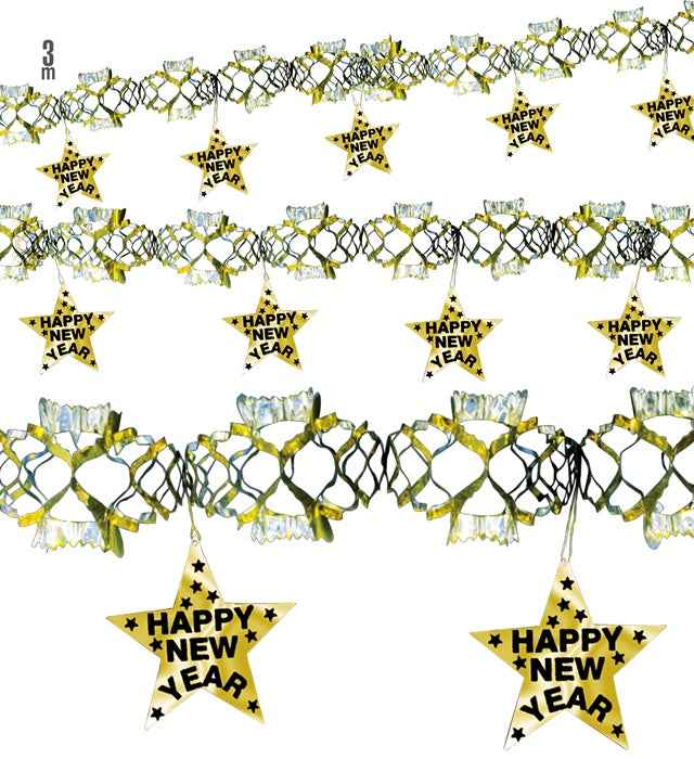 Holografische Happy New Year Girlande in Gold, 3 Meter lang, festliche Silvesterdekoration