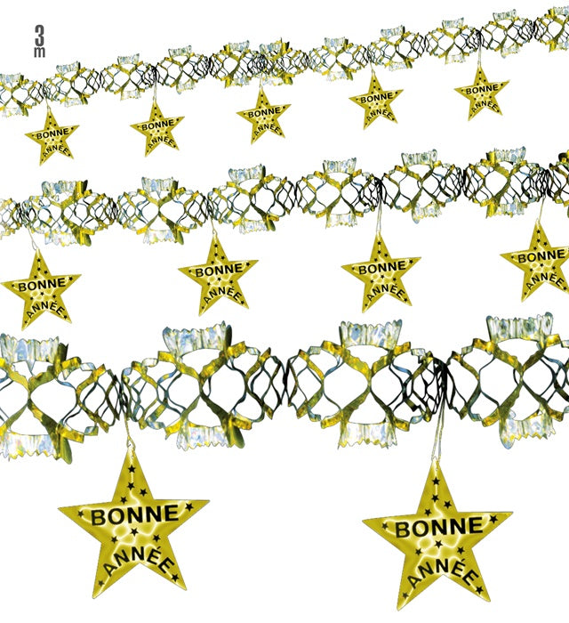 Goldene holografische Girlande mit Schriftzug «Bonne Année» auf 3 Metern Länge