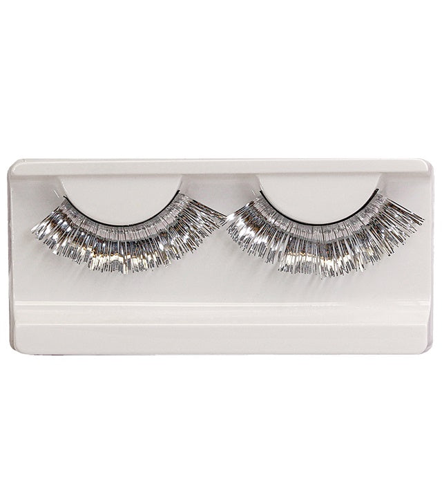 Silbermetallische Wimpern in Box mit Kleber in Glasflasche