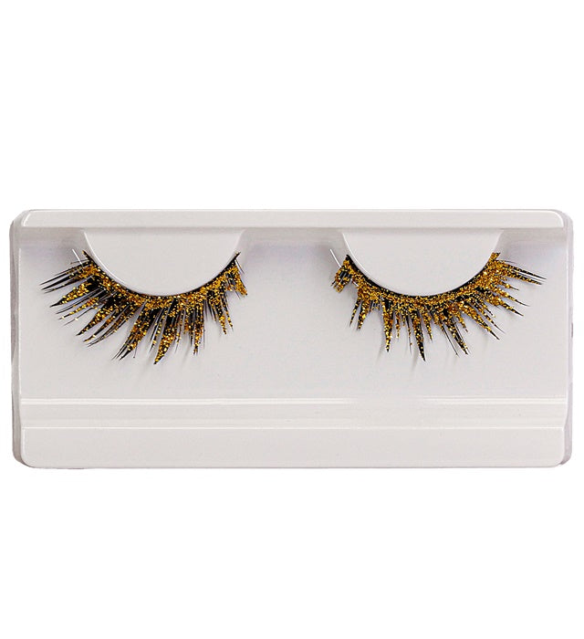 Goldene künstliche Wimpern mit Kleber in Glasflasche für Fasnacht und Mottoparty