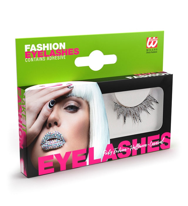 Silberne künstliche Wimpern mit Kleber in Glasflasche in einer Box