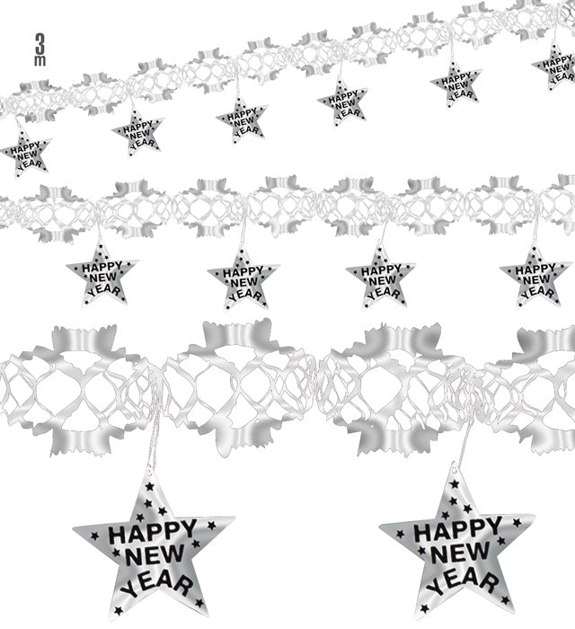 Silberne Happy New Year Girlande mit holografischem Effekt, 3 Meter lang