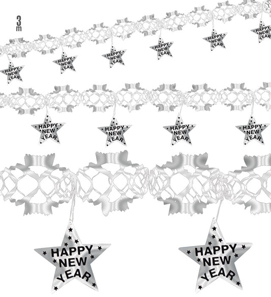 Silberne Happy New Year Girlande mit holografischem Effekt, 3 Meter lang