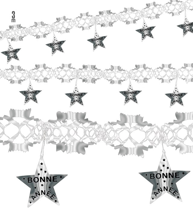 Holografische Girlande mit Schriftzug Bonne Année in Silber, 3 Meter lang