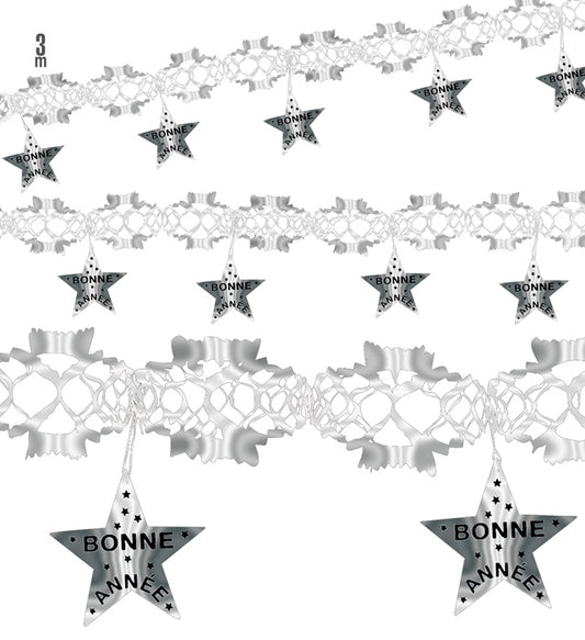 Holografische Girlande mit Schriftzug Bonne Année in Silber, 3 Meter lang