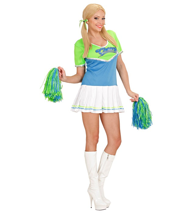 Grünes Cheerleader-Kleid mit hellblauen Akzenten und zwei Pom Poms