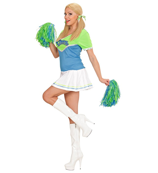 Grünes Cheerleader-Kleid mit hellblauen Akzenten und zwei Pom Poms