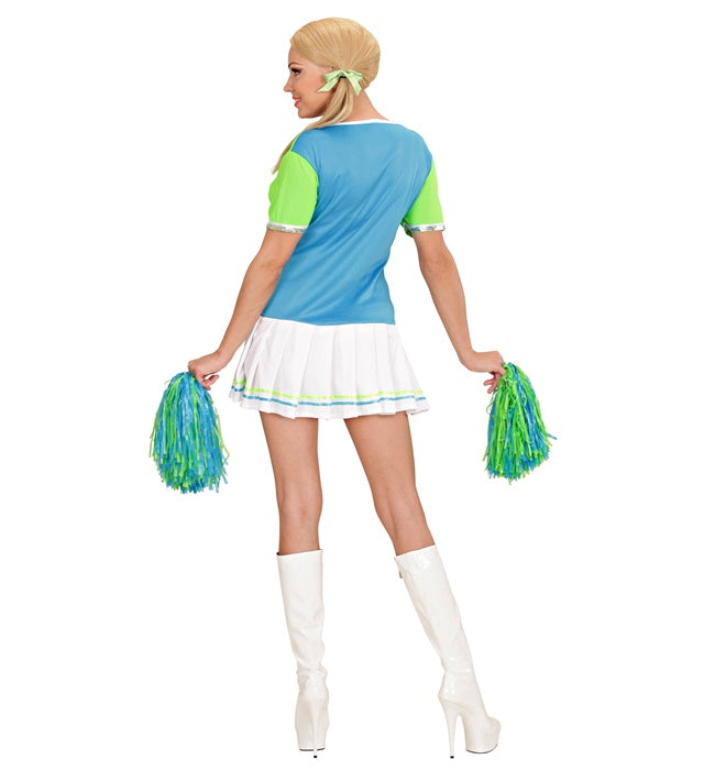 Grünes Cheerleader-Kleid mit hellblauen Akzenten und zwei Pom Poms