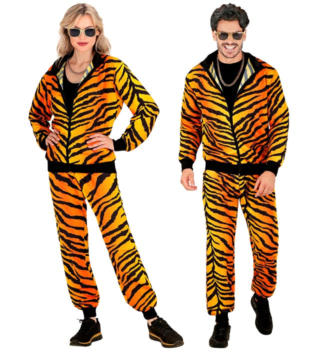 Trainingsanzug mit orange-schwarzem Tigermuster bestehend aus Oberteil und Hose