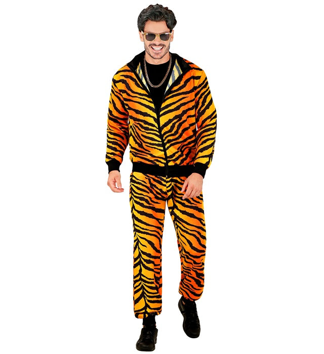Trainingsanzug mit orange-schwarzem Tigermuster bestehend aus Oberteil und Hose