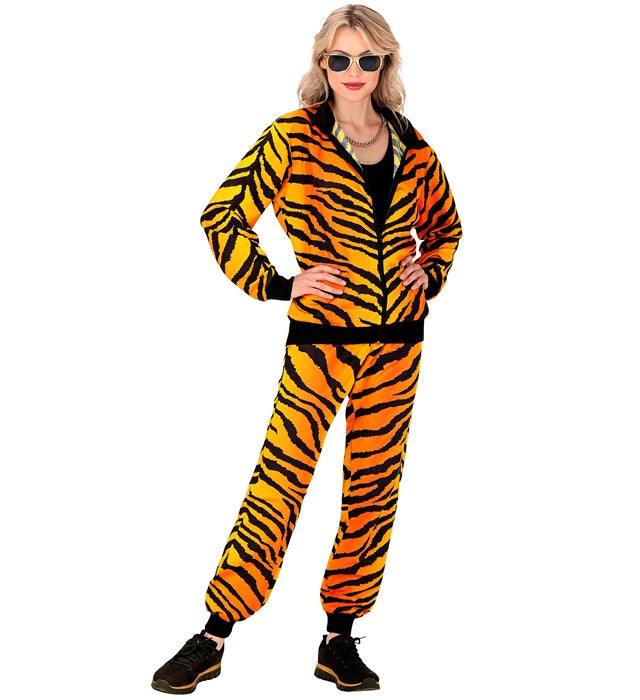 Trainingsanzug mit orange-schwarzem Tigermuster bestehend aus Oberteil und Hose