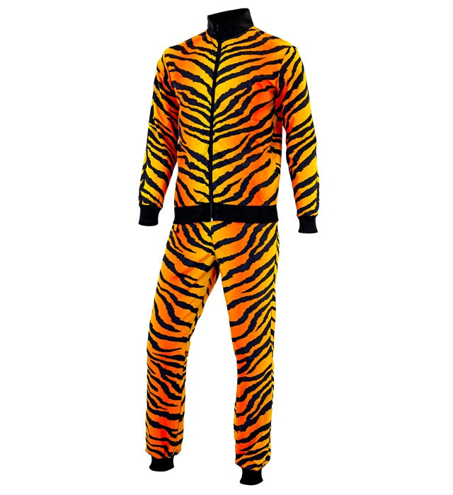 Trainingsanzug mit orange-schwarzem Tigermuster bestehend aus Oberteil und Hose