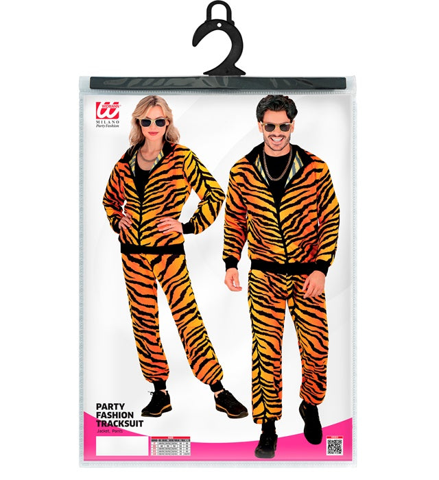 Trainingsanzug mit orange-schwarzem Tigermuster bestehend aus Oberteil und Hose
