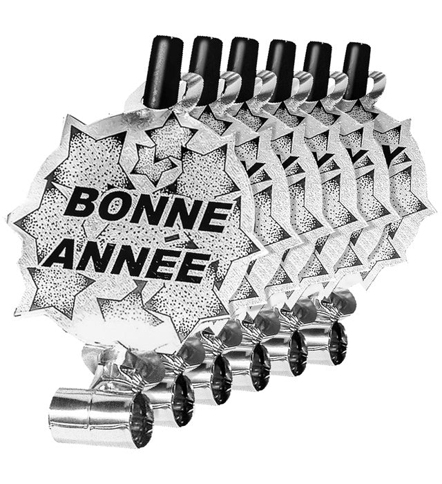 Set von 6 silbernen Luftrüsseln mit Ton und 'Bonne Année' Schriftzug