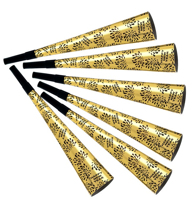 Set mit 6 goldenen Party-Trompeten 25 cm für Fasnacht und Neujahr