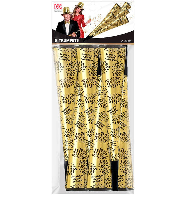 Set mit 6 goldenen Party-Trompeten 25 cm für Fasnacht und Neujahr