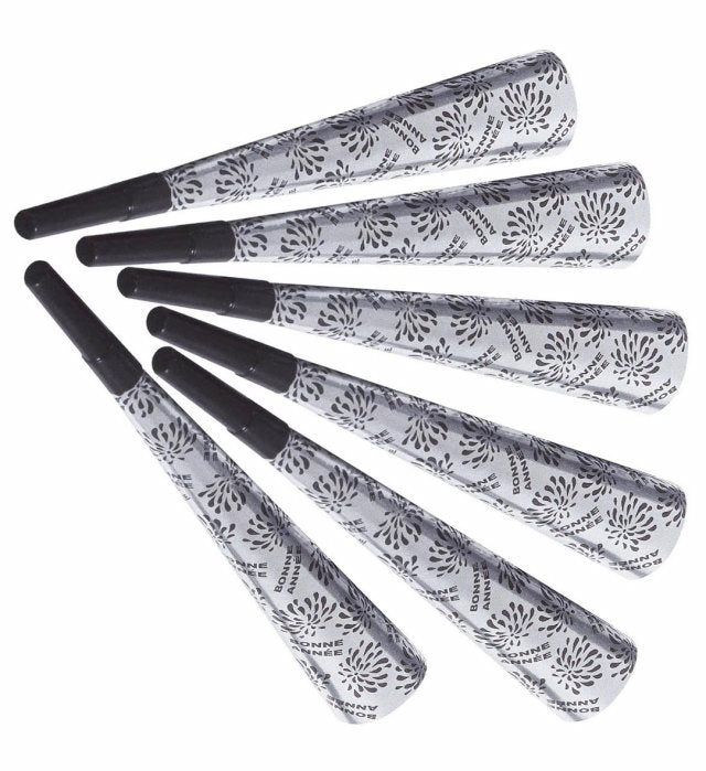 Set von 6 silbernen Trompeten «Bonne Année» 25 cm für Fasnacht und Neujahrsfeiern