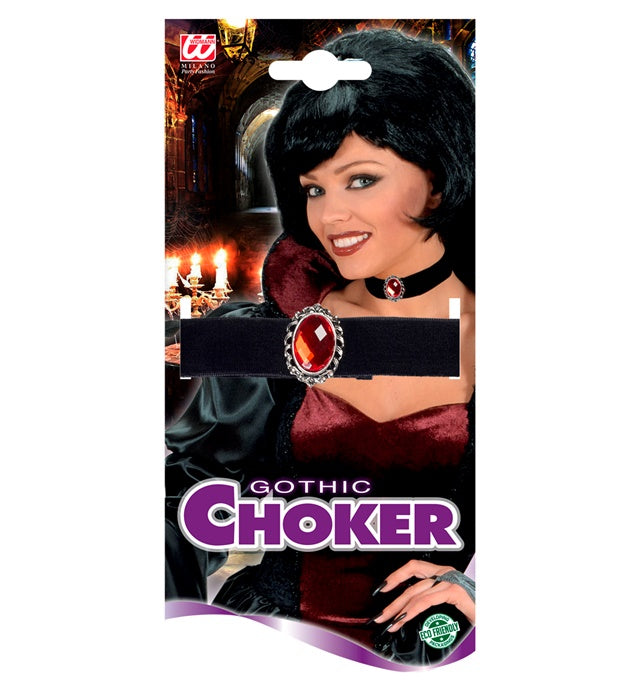 Schwarzes Samthalsband mit rotem Juwel als Fasnacht- und Halloween-Accessoire
