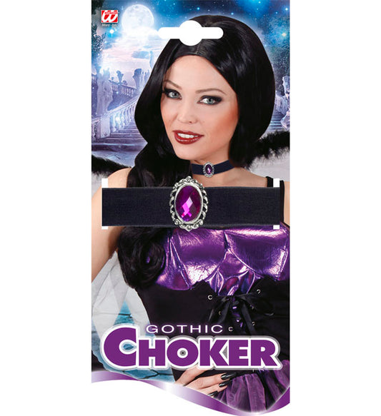 Schwarzes Samthalsband mit violettem Schmuckstein als festliches Accessoire