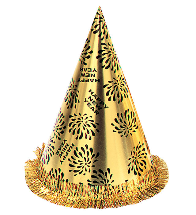 Goldener Kegelhut Happy New Year mit Fransen, 28 cm, ideal für Silvester und Fasnacht