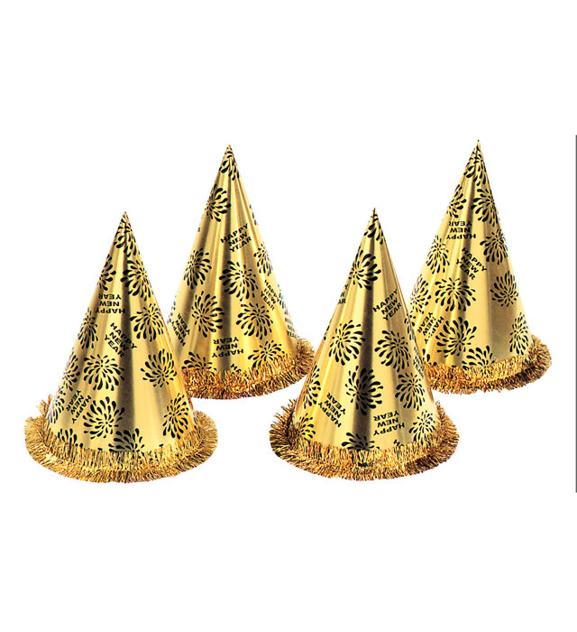 Goldener Kegelhut Happy New Year mit Fransen, 28 cm, ideal für Silvester und Fasnacht
