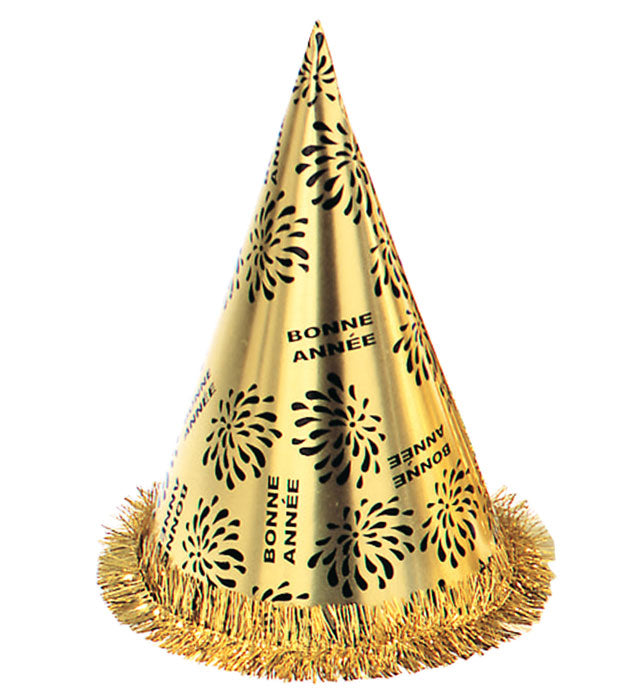 Kegelhut Bonne Année Gold mit Fransen, 28 cm hoher Partyhut für Fasnacht und Silvester