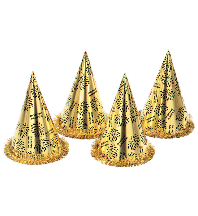 Kegelhut Bonne Année Gold mit Fransen, 28 cm hoher Partyhut für Fasnacht und Silvester