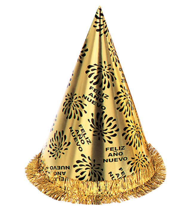 Kegelhut Feliz Año Nuevo in Gold mit Fransen, 28 cm hoch