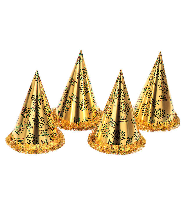 Kegelhut Feliz Año Nuevo in Gold mit Fransen, 28 cm hoch