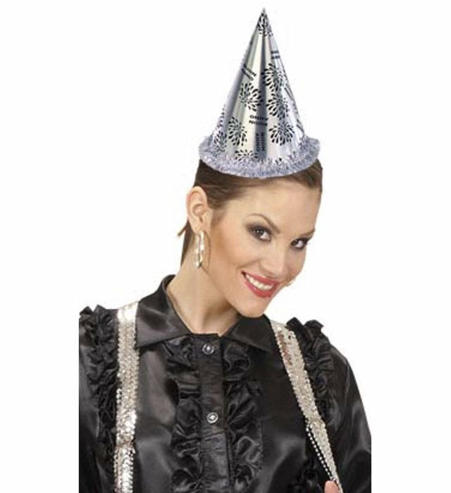 Silberner Kegelhut mit Fransen, 28 cm, Fasnacht-Accessoire