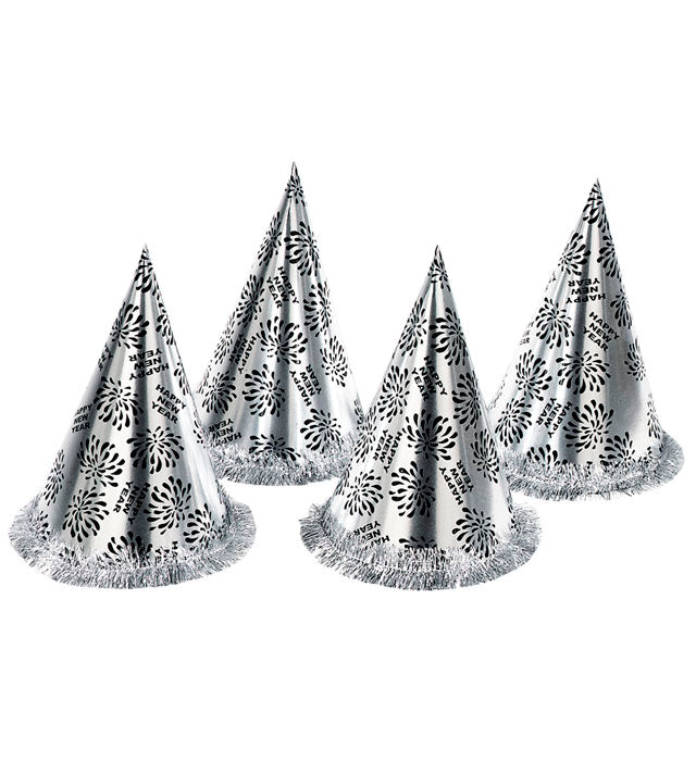 Silberner Kegelhut mit Fransen, 28 cm, Partyhut für Fasnacht und Silvester