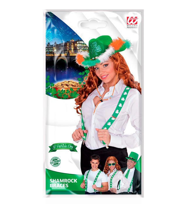 Grüne Hosenträger mit Kleeblatt-Motiv für St. Patrick's Day