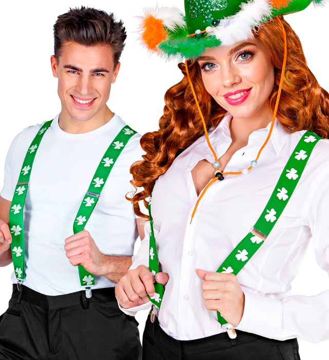 Grüne Hosenträger mit Kleeblatt-Motiv für St. Patrick's Day