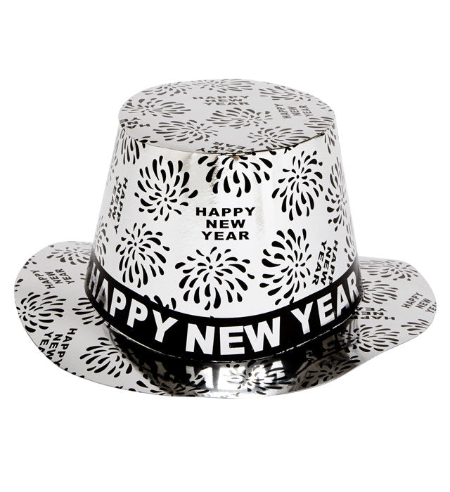 Silberner Zylinder mit Happy New Year Schriftzug – festlicher Partyhut