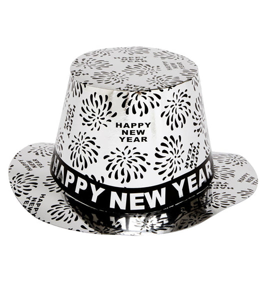 Silberner Zylinder mit Happy New Year Schriftzug – festlicher Partyhut